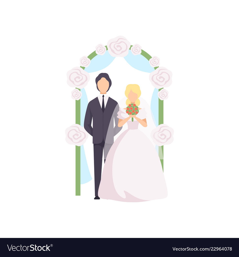 Bride and groom standing near the wedding arch Vector Image