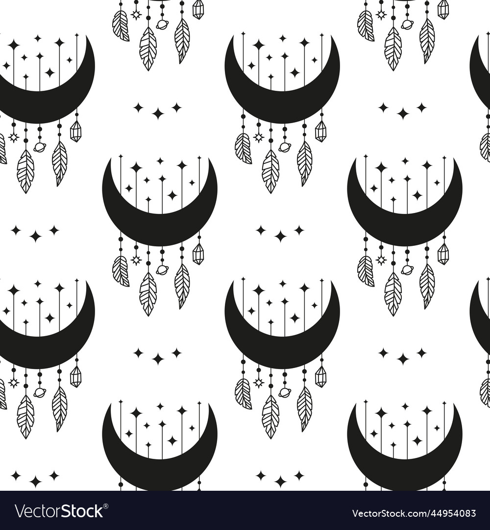 Seamless pattern with crescent stars and feathers