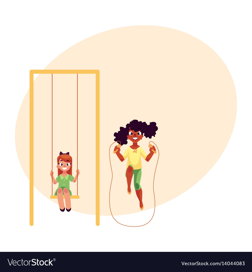 Two girls playing with jumping rope and swinging