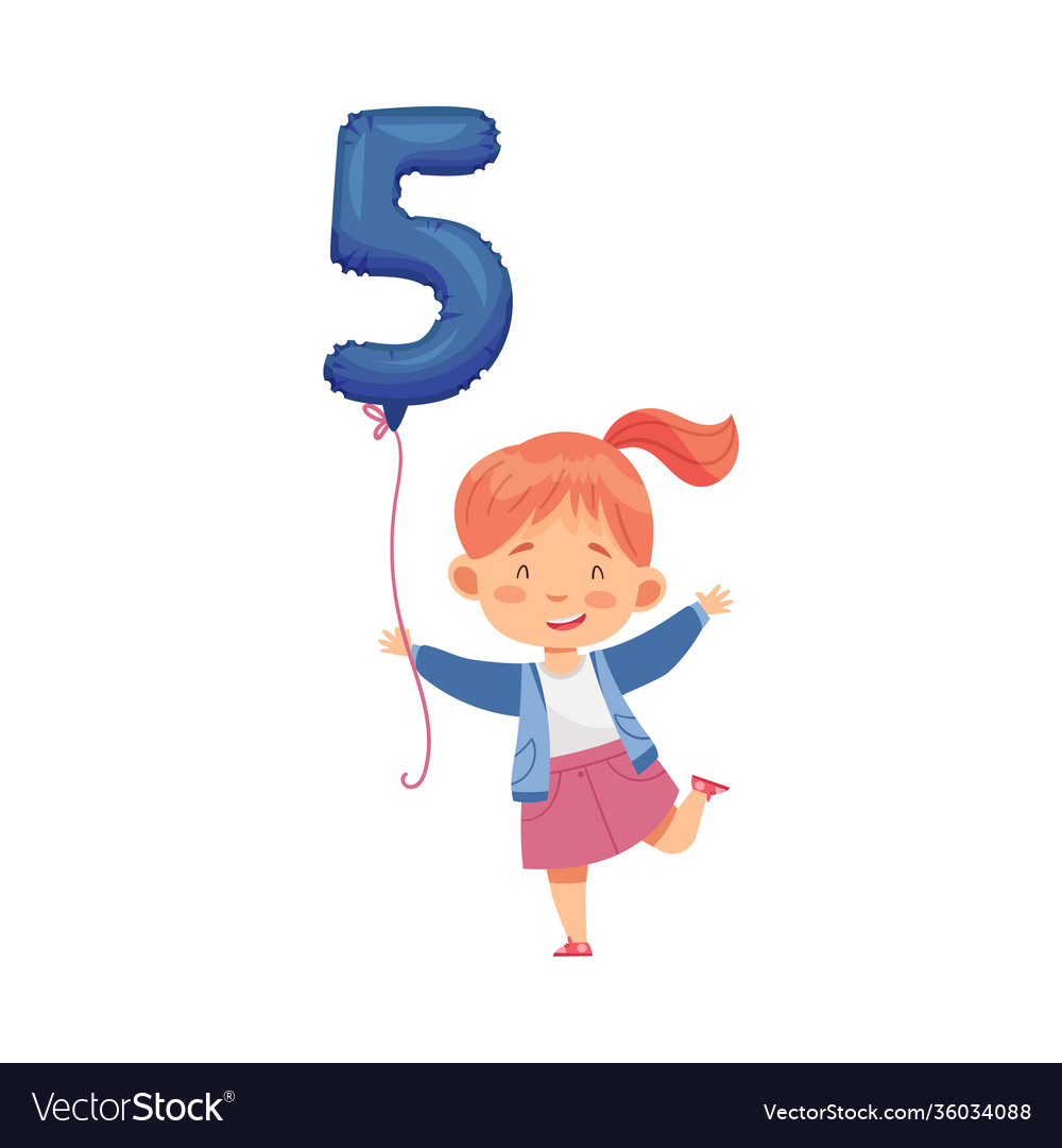 Jumping girl holding blue number shaped balloon Vector Image