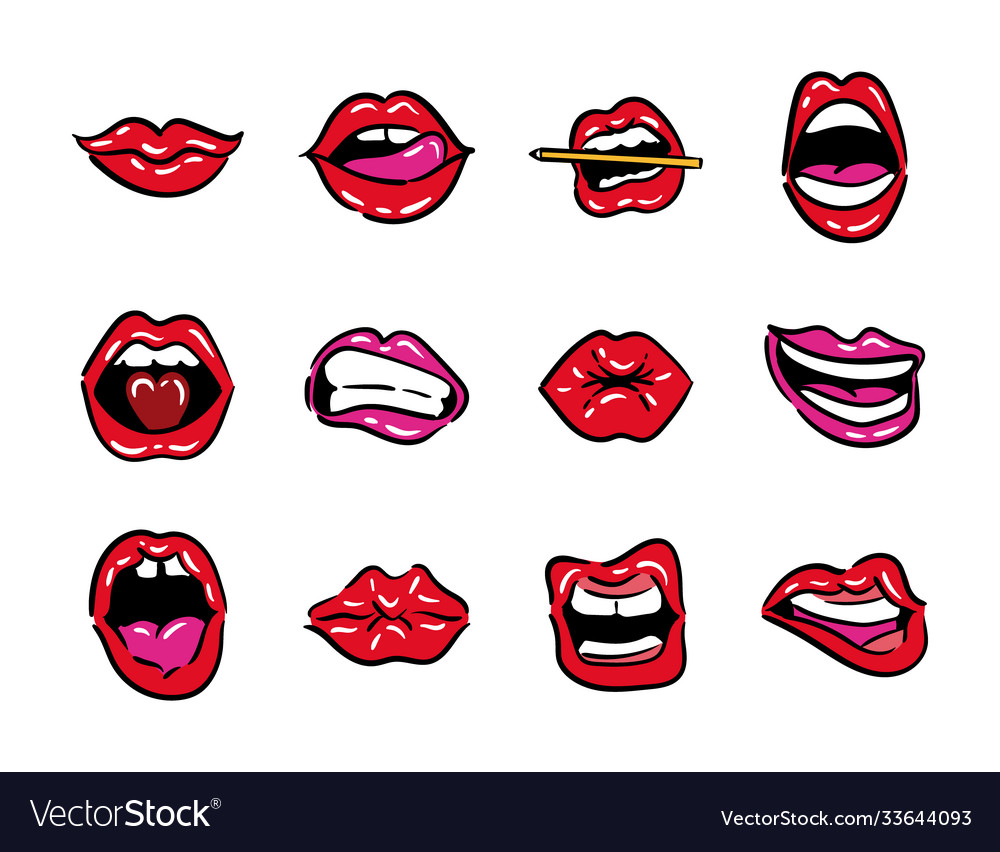 Bundle twelve mouths pop art line and fill Vector Image