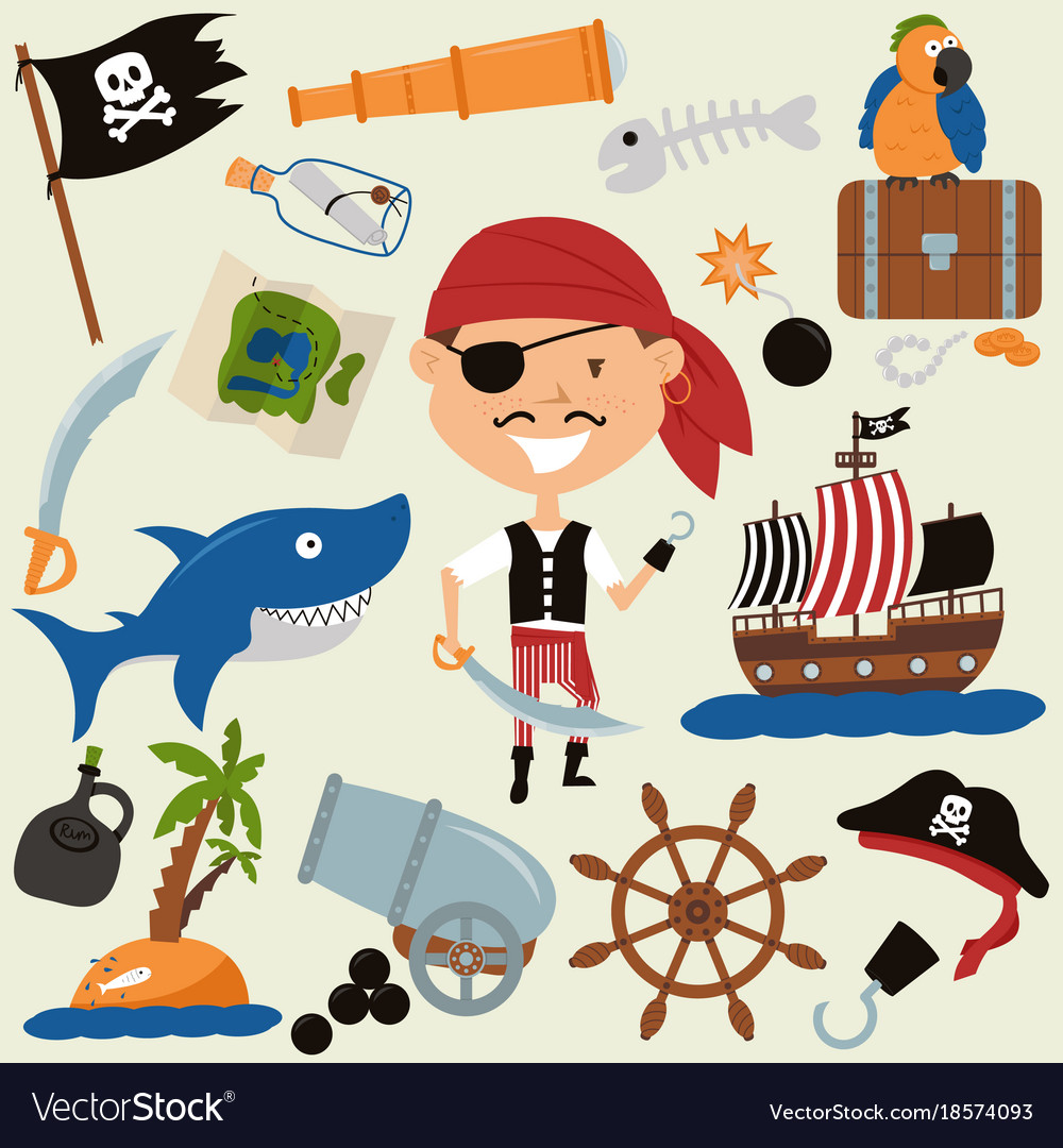 Cute boy in a pirate costume and various objects Vector Image