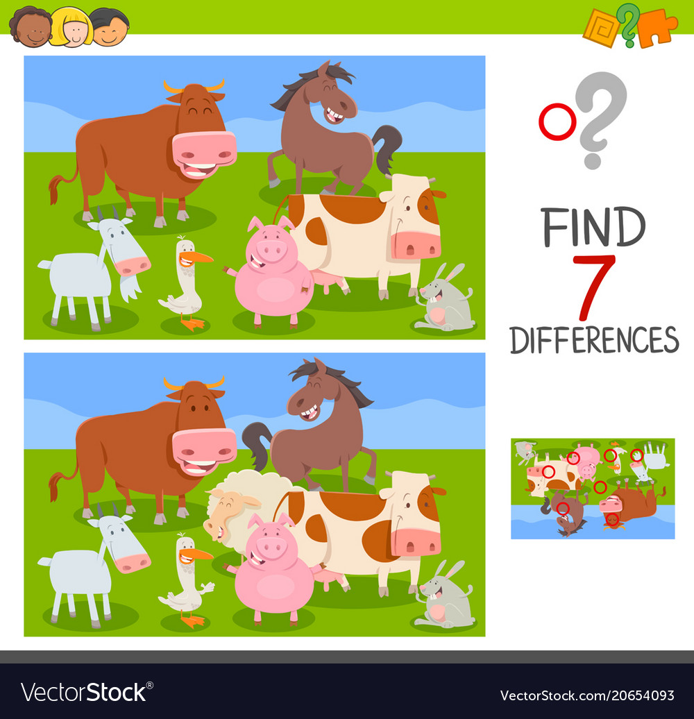 Differences game with farm animals group Vector Image