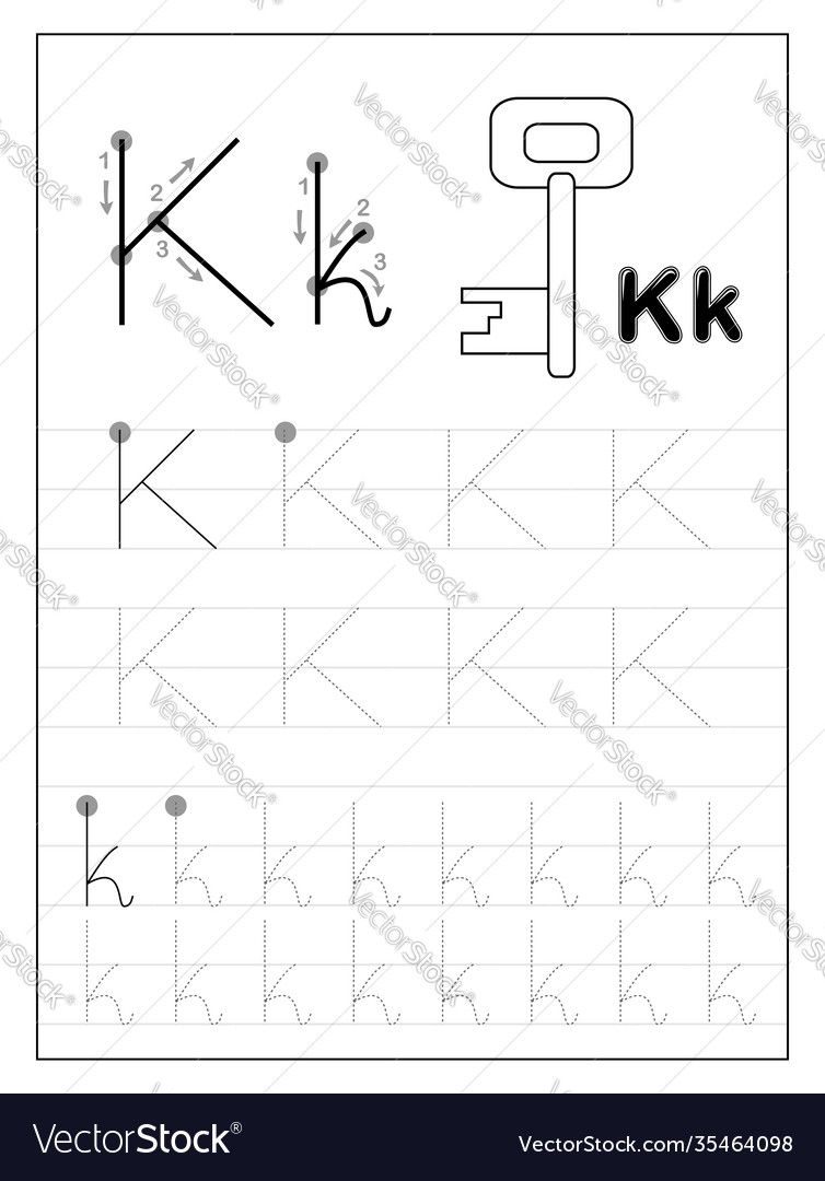 Tracing alphabet letter k black and white Vector Image