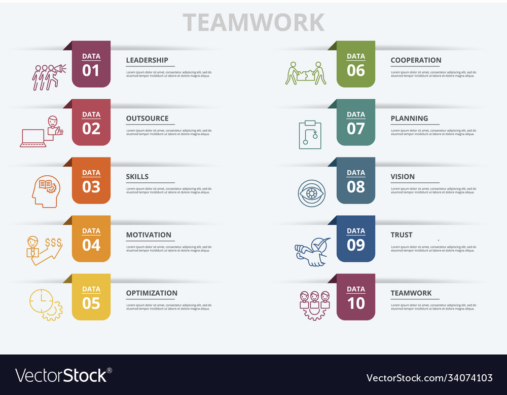 Infographic teamwork template icons in different