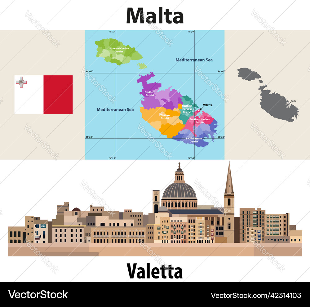 Malta administrative divisions map flag of Vector Image