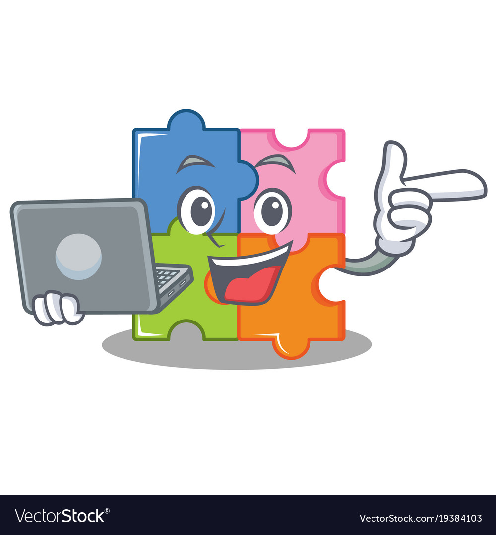 With laptop puzzle character cartoon style