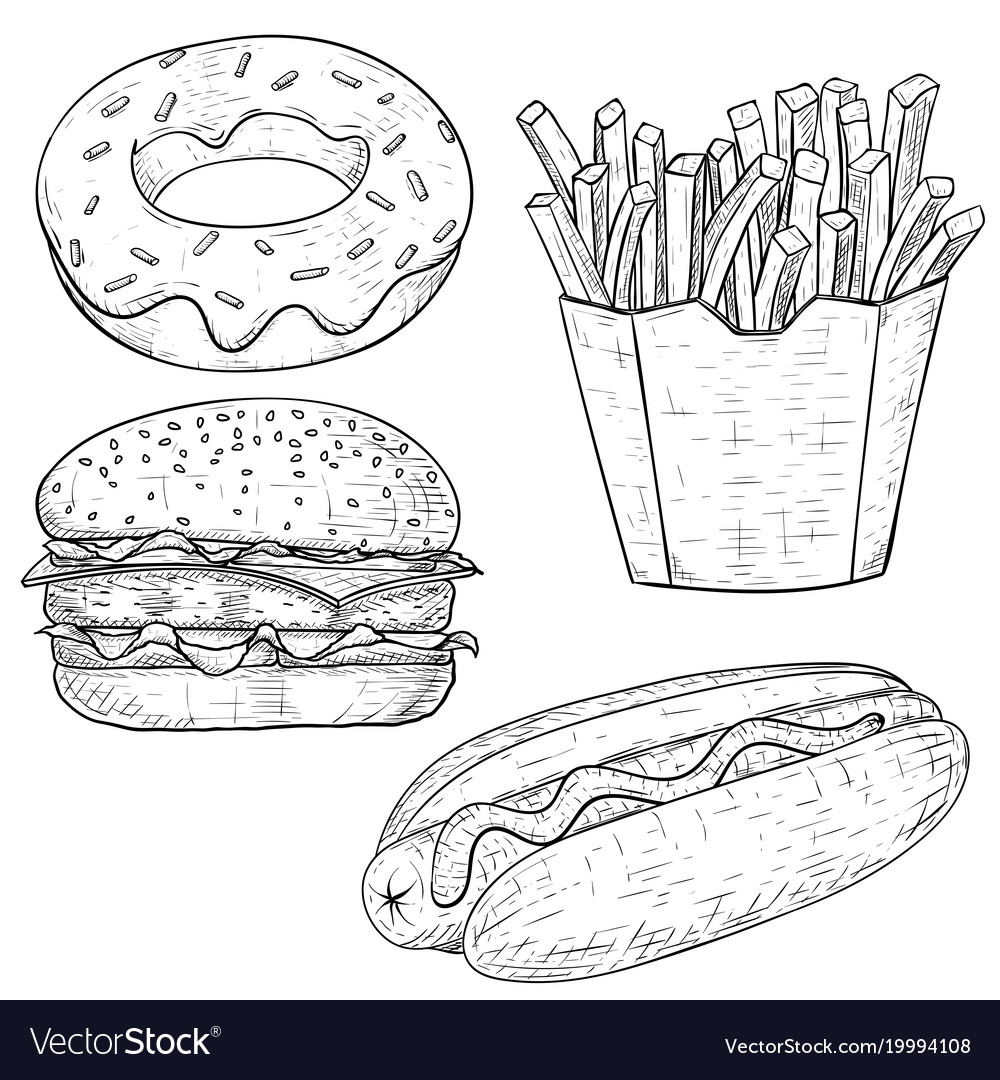 Fast food icons set Isolated sketch snacks drink cheeseburger tacos  hot dog french fries in box pizza slice ice cream cone donut popcorn  so Stock Vector Image  Art  Alamy