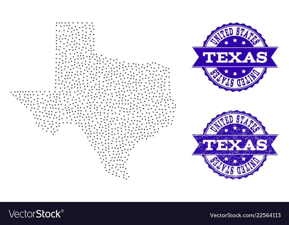 Dotted map of texas state and textured seal