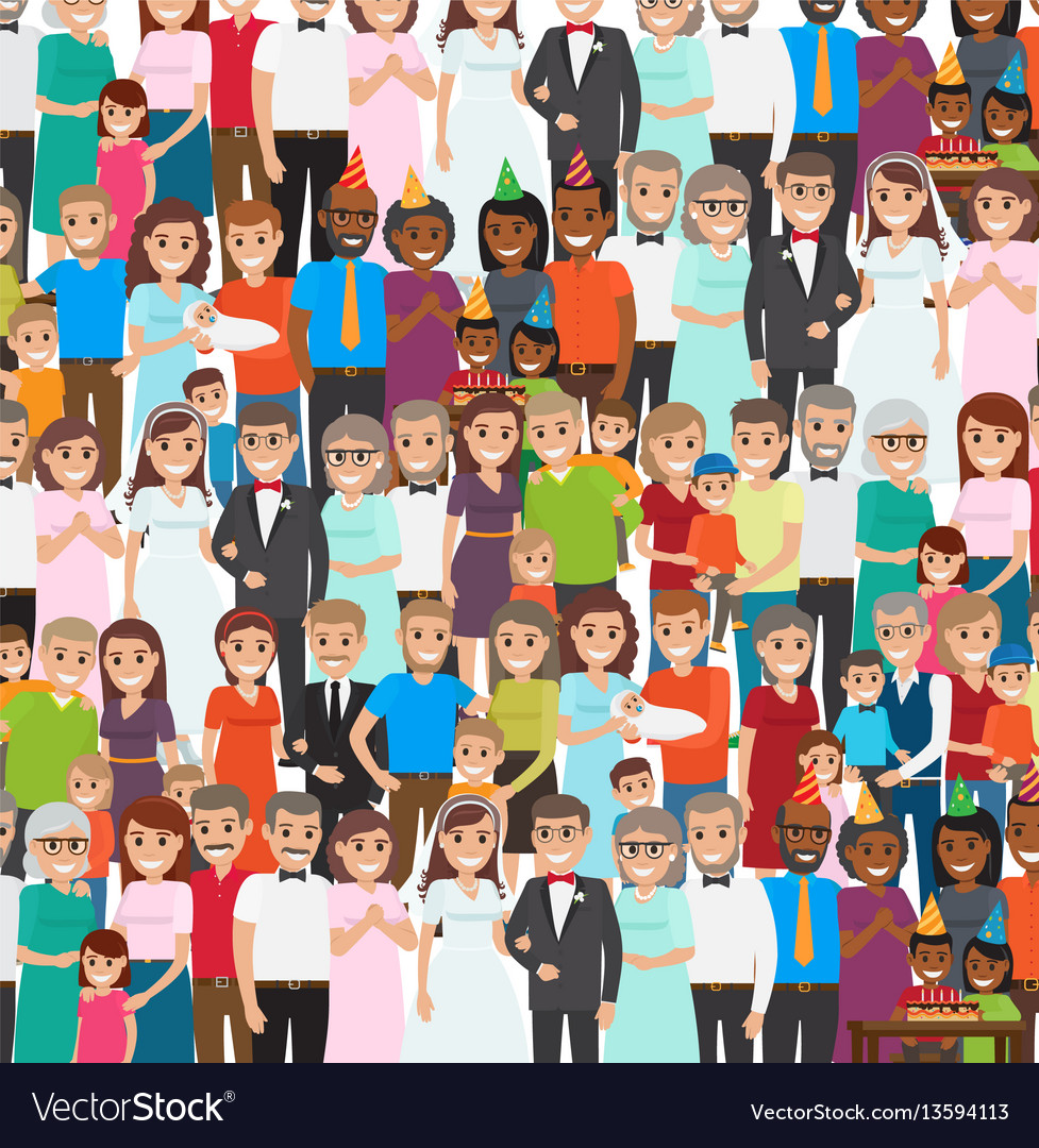 Family members standing in repeated long rows Vector Image