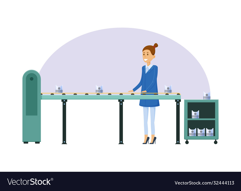 Manufacturing factory girl next to conveyor belt