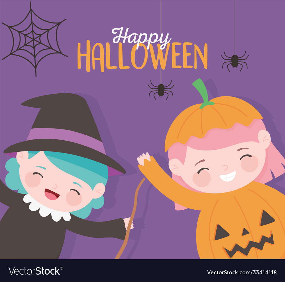 Happy halloween little girls witch and pumpkin