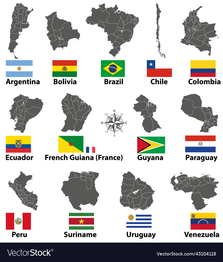 South american countries maps and flags Royalty Free Vector