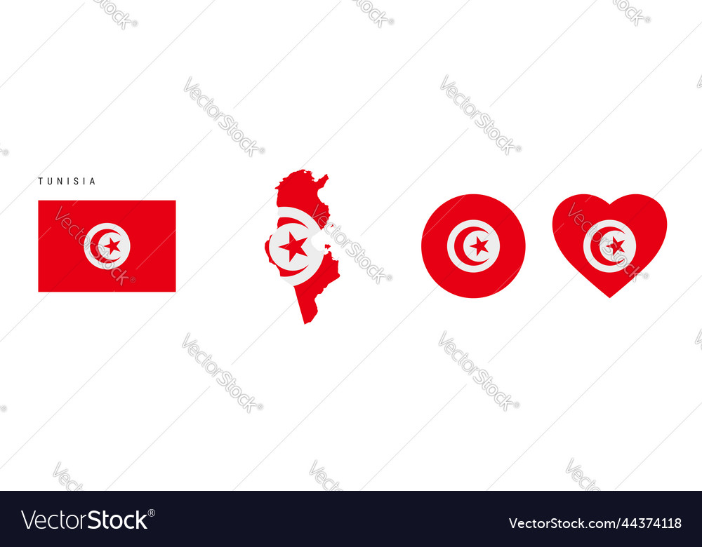 Tunisia flag in different shapes icon set flat