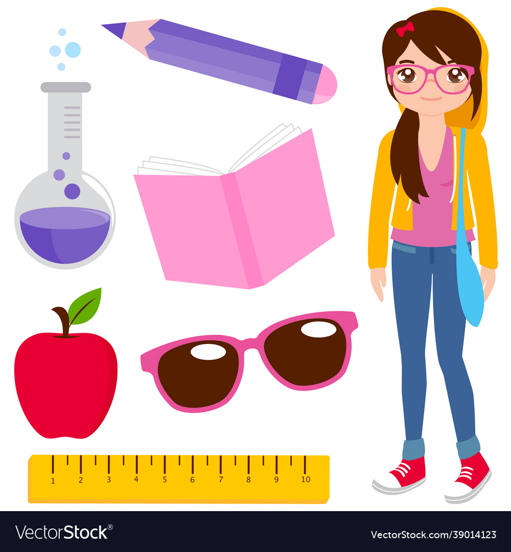 Student girl and set school objects