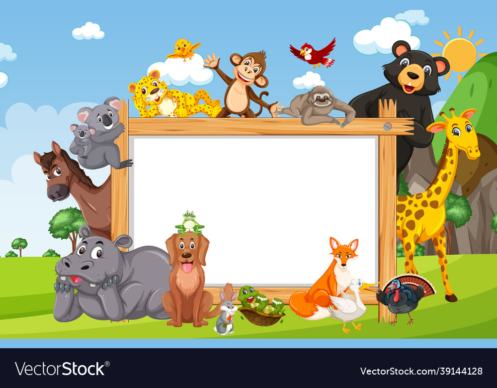 Empty wooden frame with various wild animals Vector Image