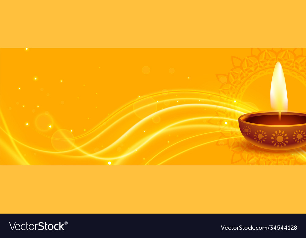 Happy diwali yellow banner with diya and light