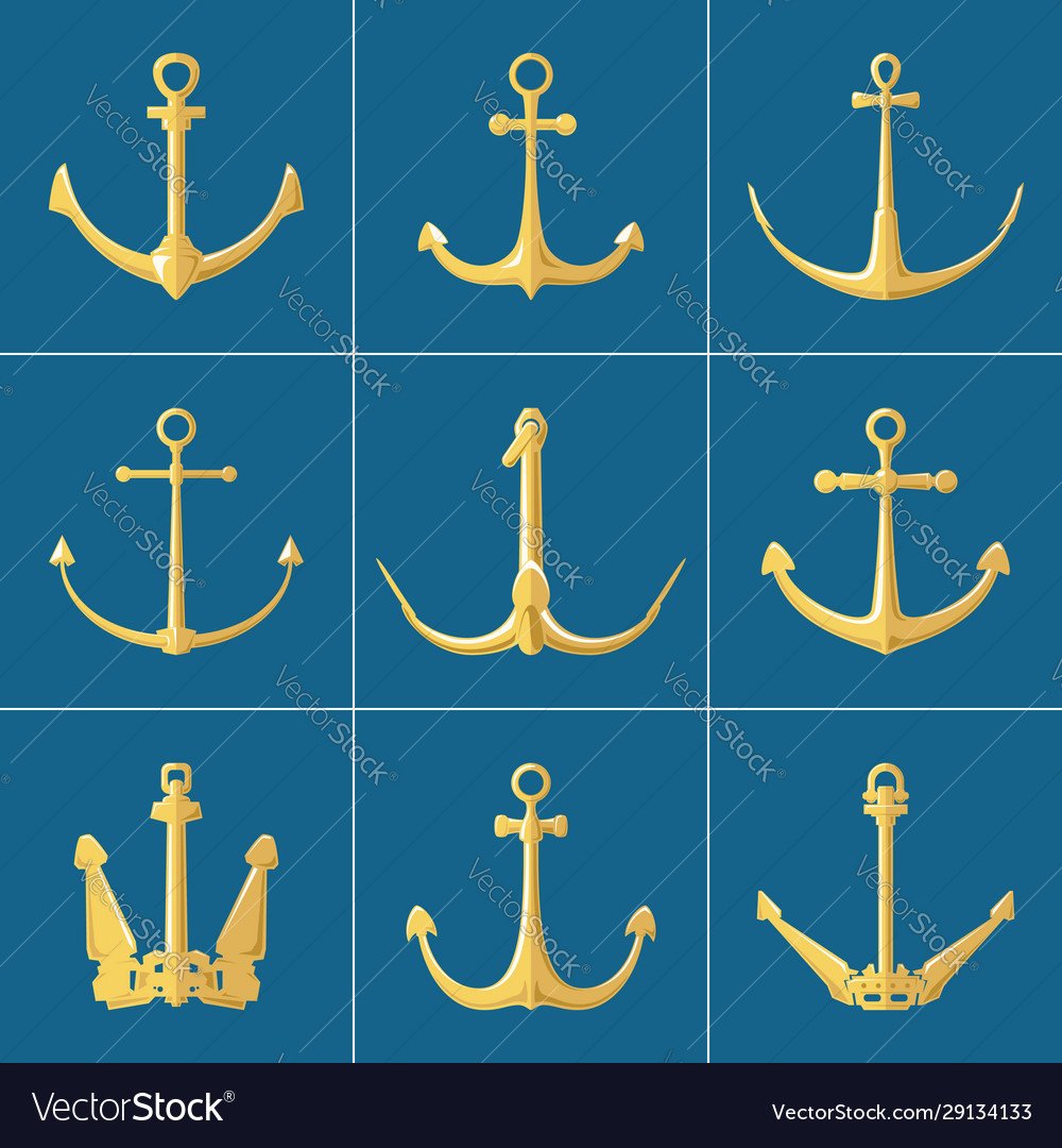 Set gold flat anchors isolated Royalty Free Vector Image