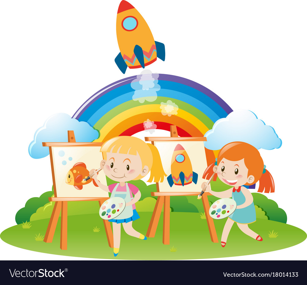 Two girls paintin on canvas in garden Royalty Free Vector