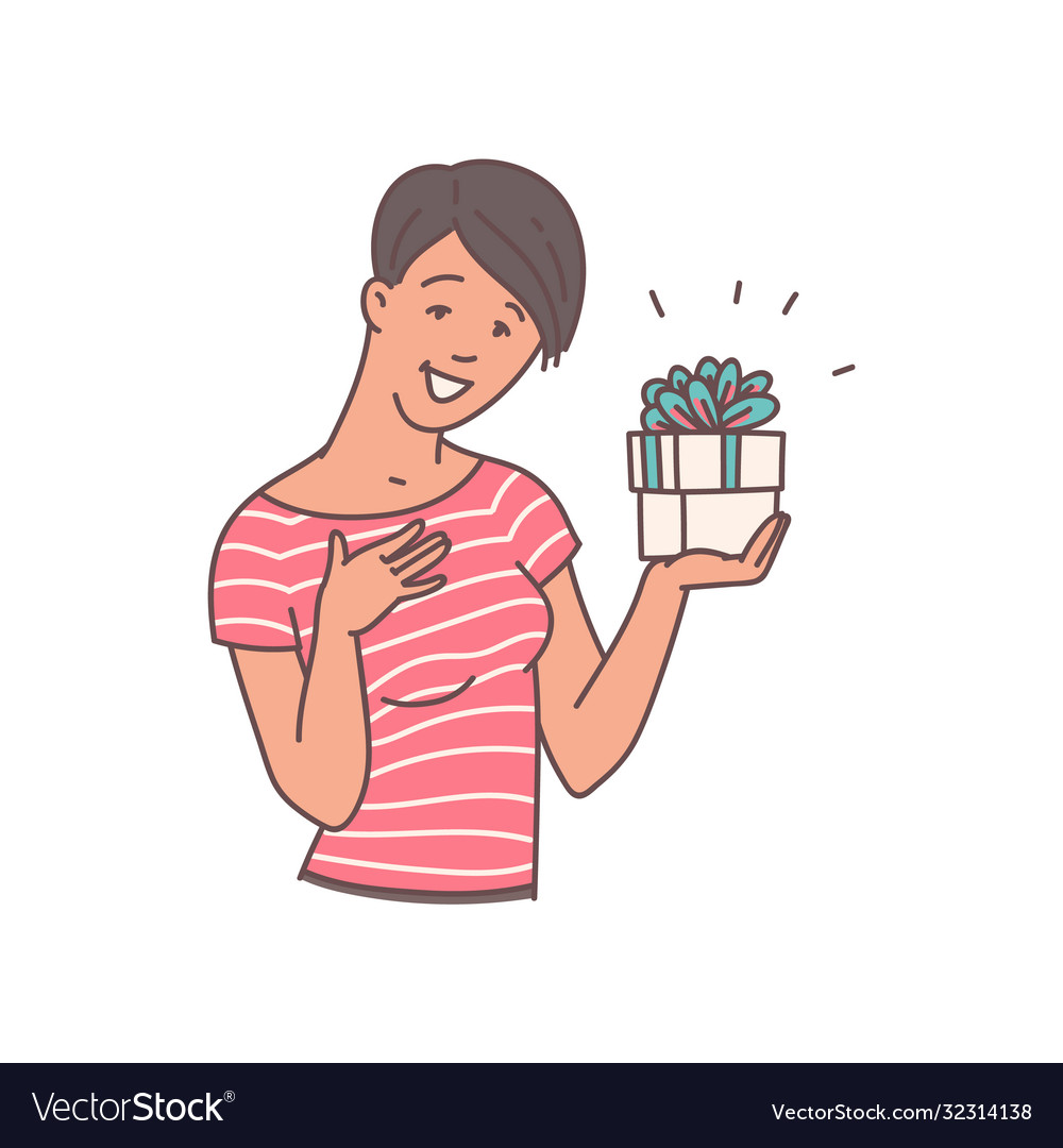 Happy woman holding gift box with surprised