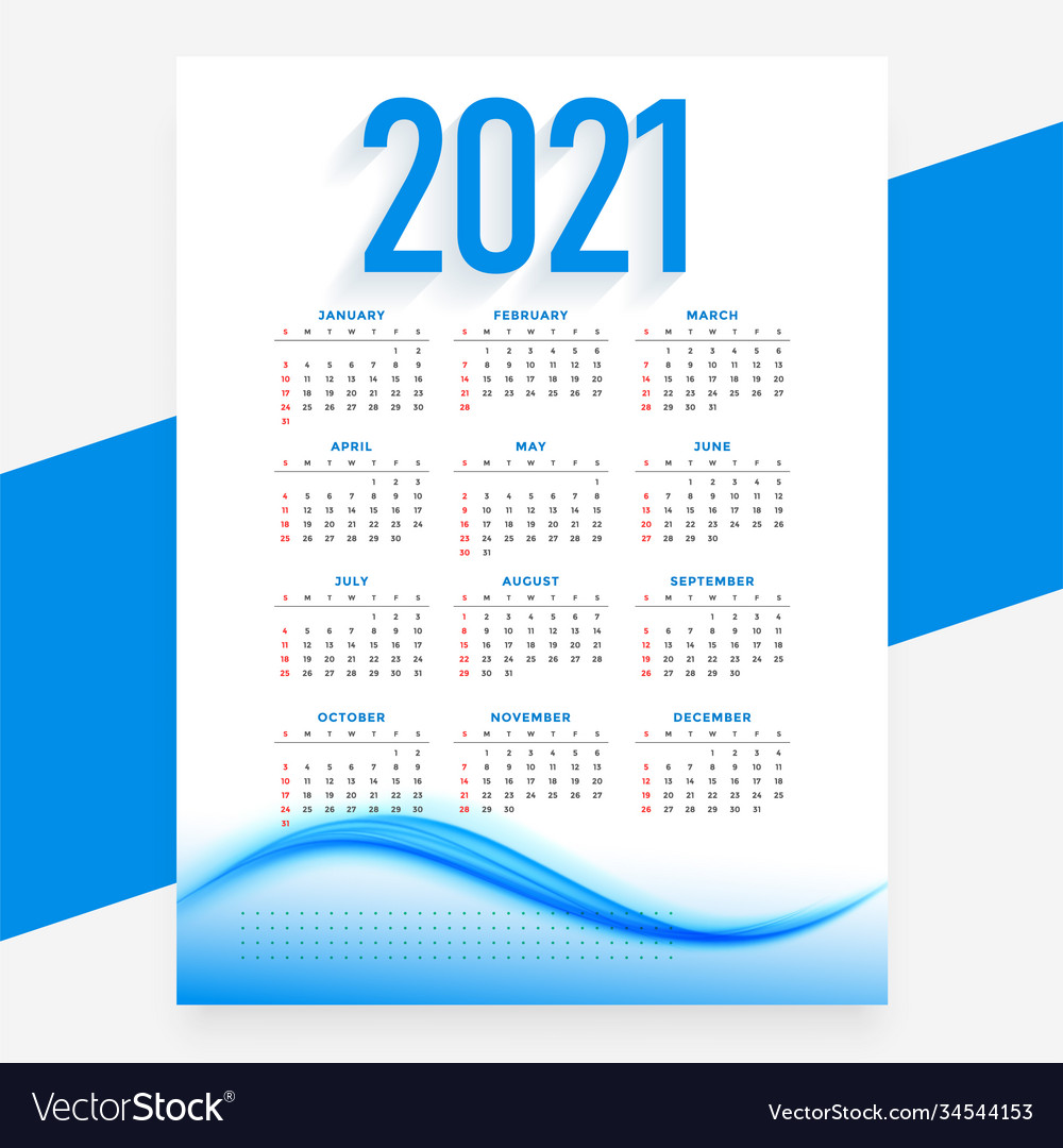 Modern blue 2021 new year calendar design wavy