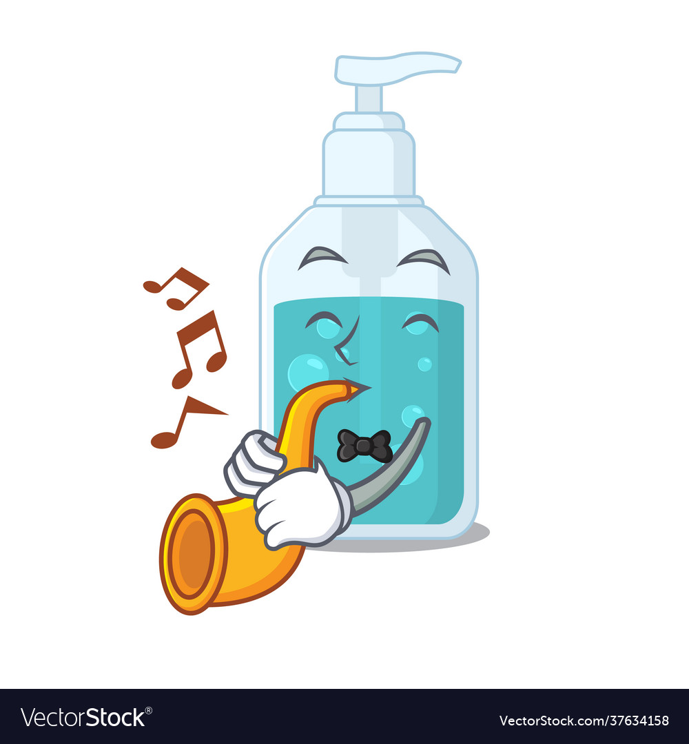 Hand sanitizer musician cartoon playing a trumpet