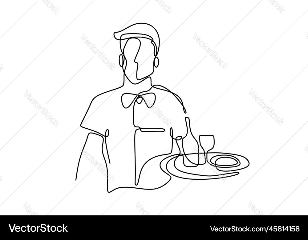 Waitress holding a serving tray continuous one Vector Image