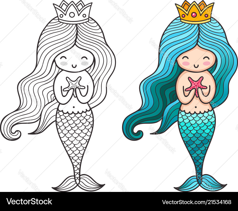 Little Queen Mermaid With Starfish Royalty Free Vector Image
