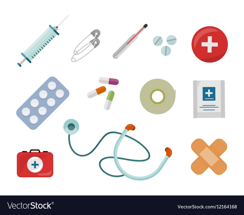 Set medical supplies in flat design Royalty Free Vector