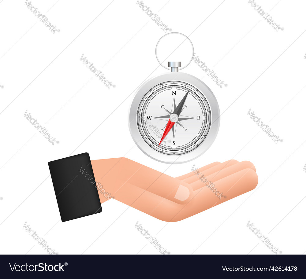 Compass icon over hands on white background flat