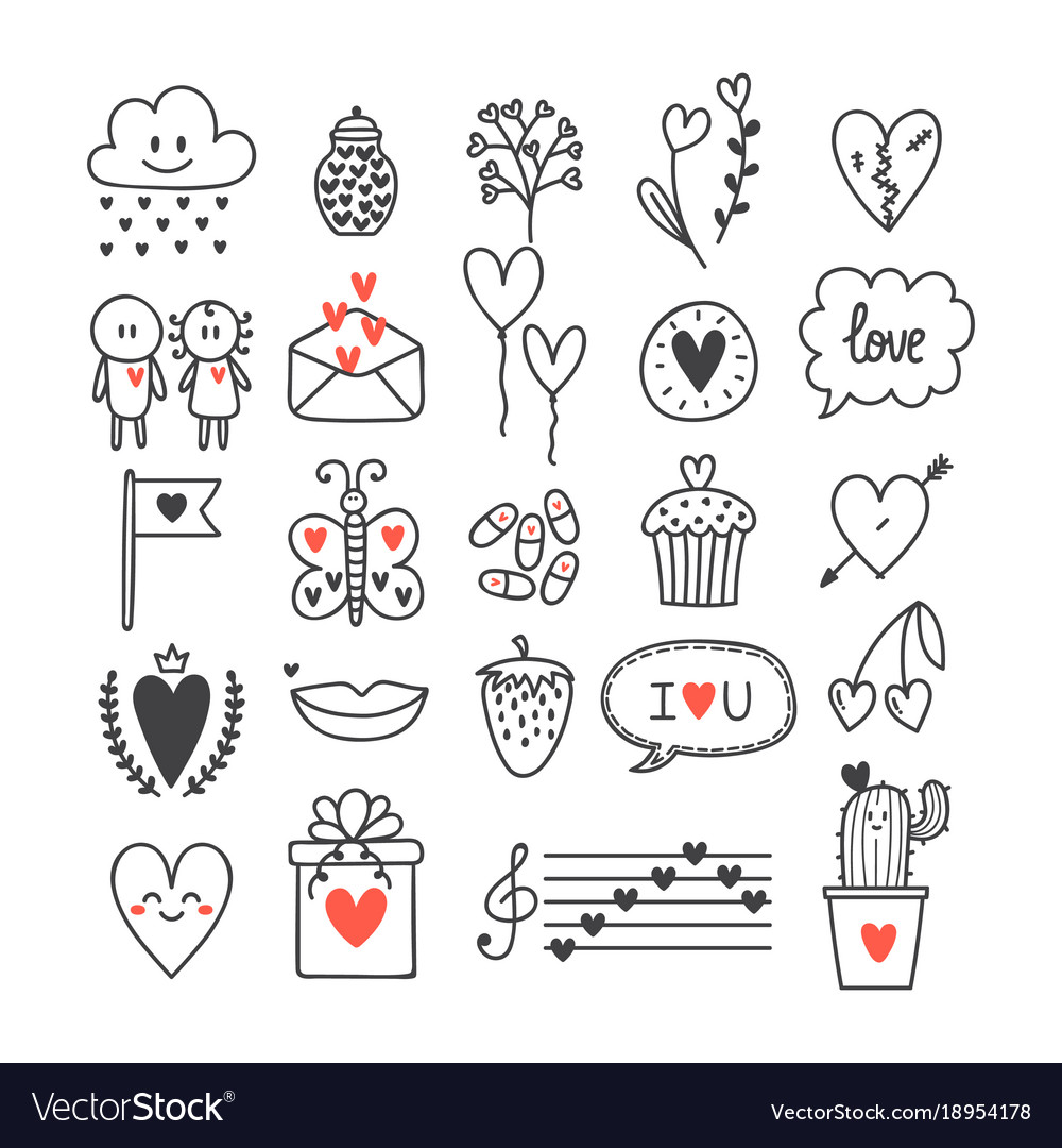 Love and hearts hand drawn set of cute doodle Vector Image