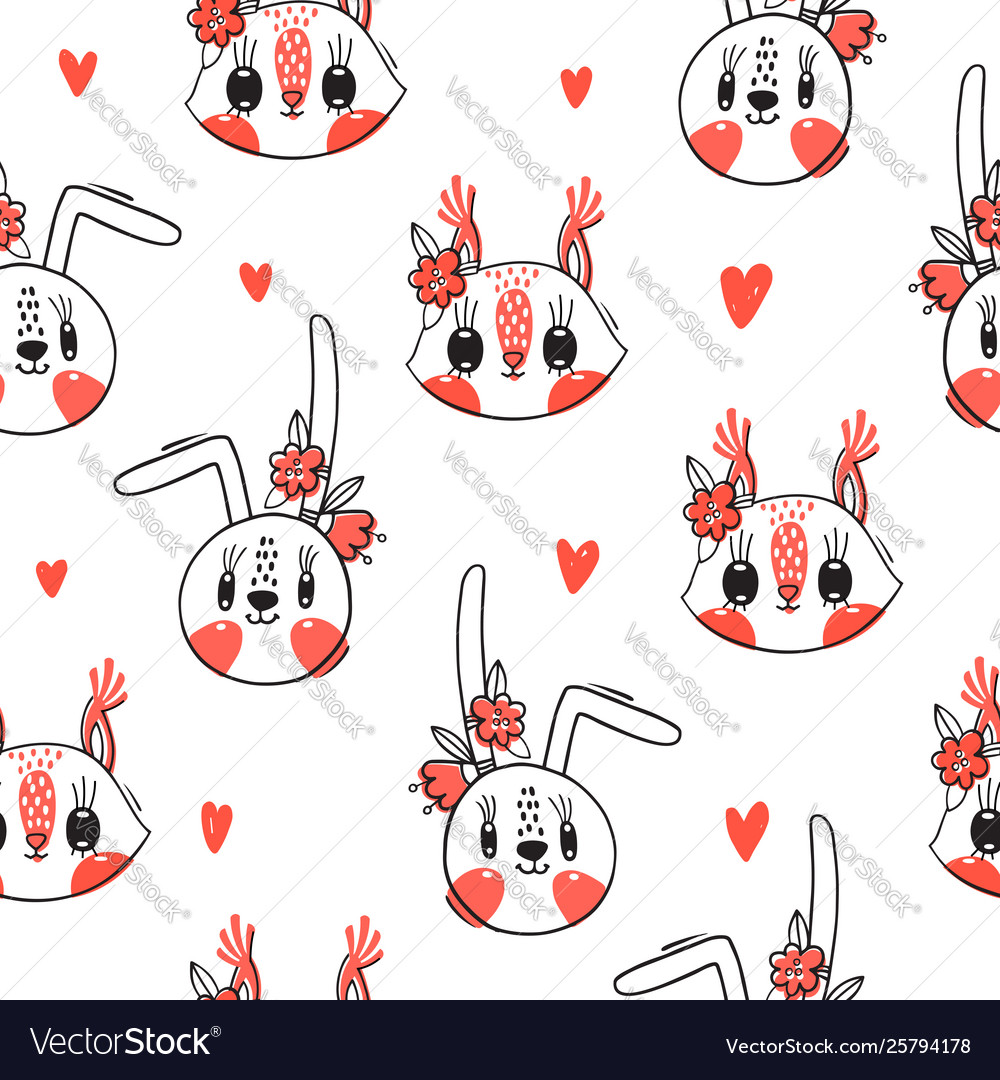 Seamless pattern with faces bunny and squirrel