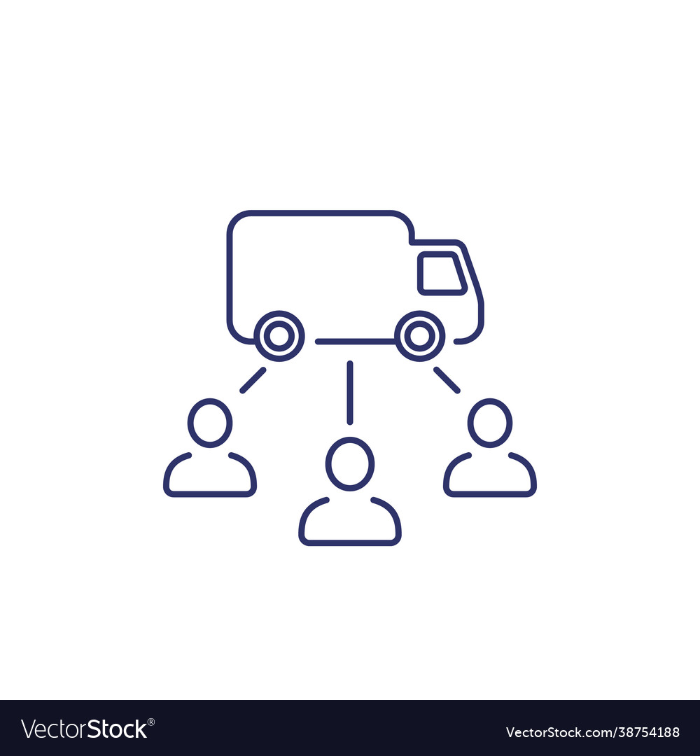 Delivery van and customers line icon