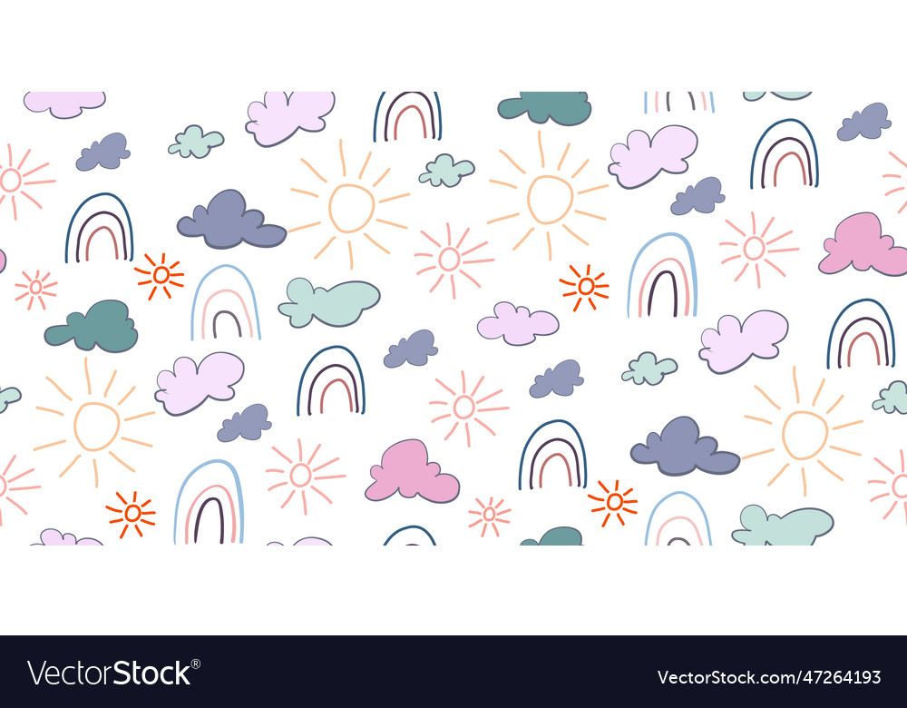 Pastel seamless pattern with rainbows clouds sun