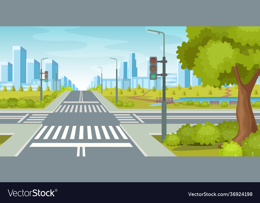 City road with crossroads traffic lights Vector Image