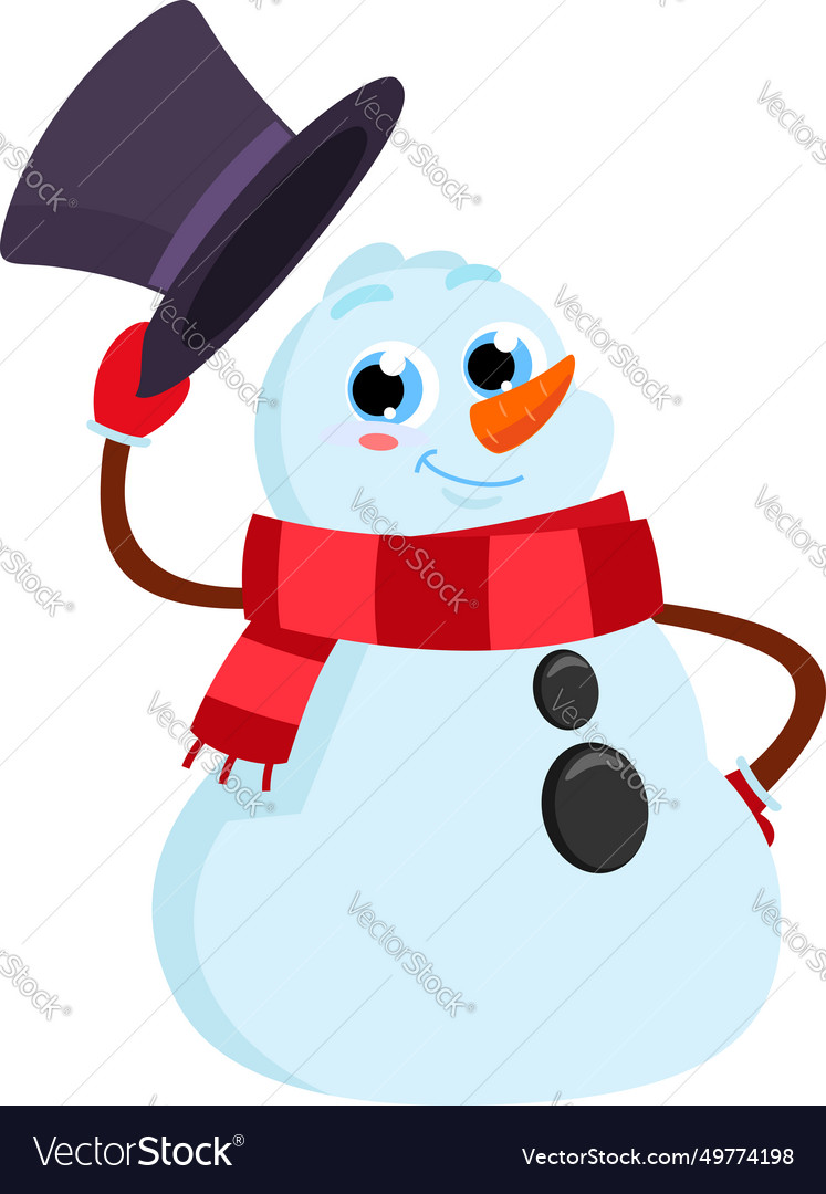 Cute Snowman Cartoon Character Waving His Hat Vector Image