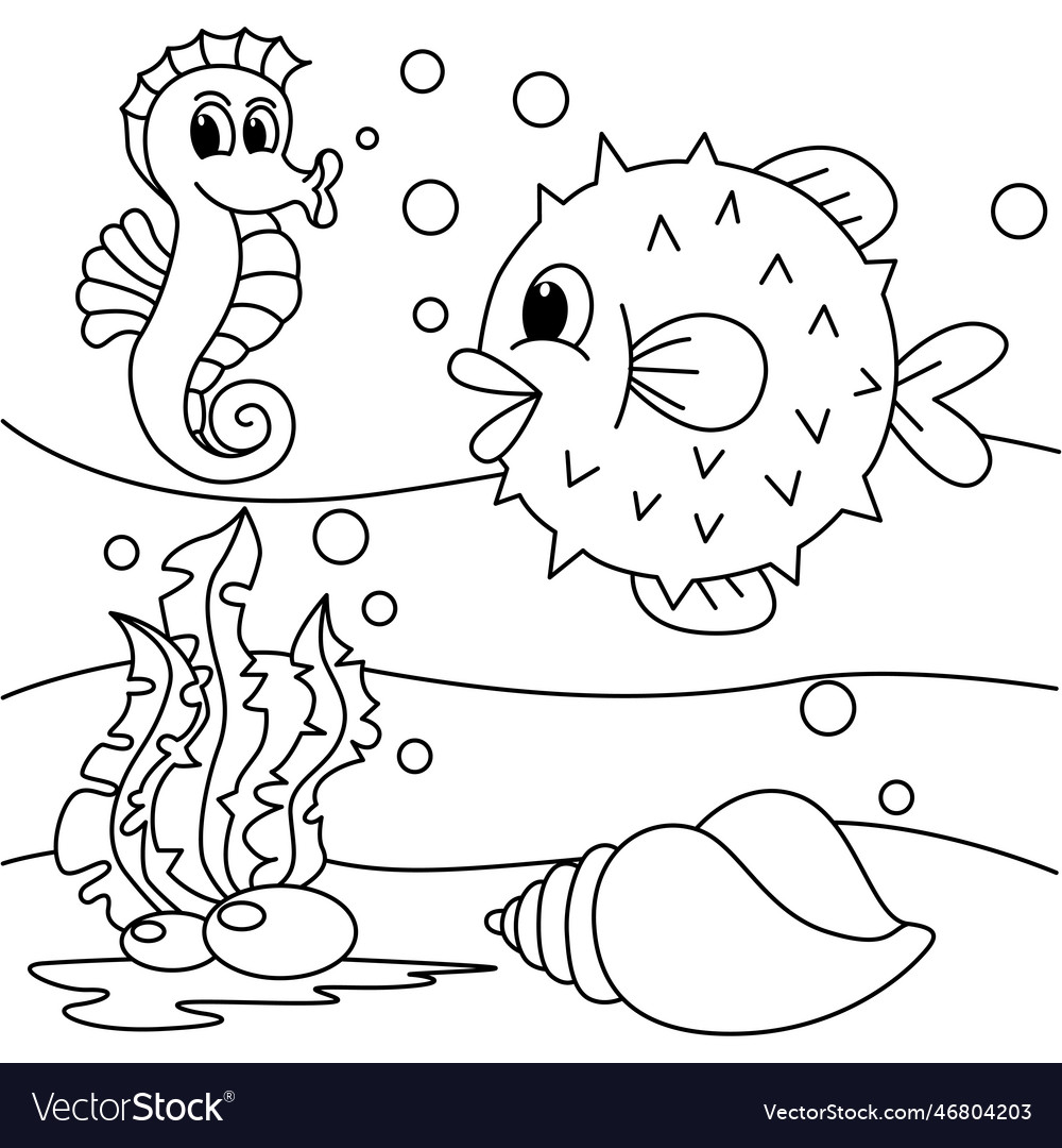 Cute fishes and seahorse swimming underwater Vector Image