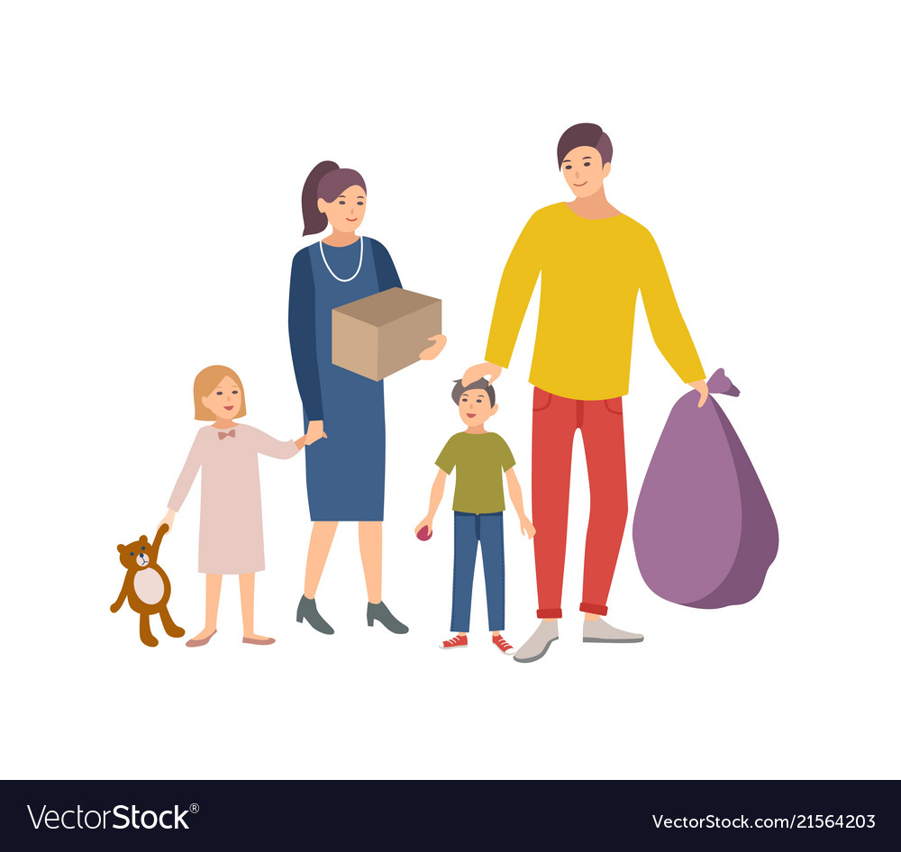 Man woman and children carrying bag box