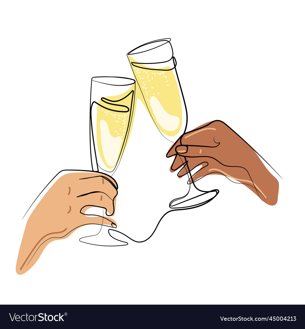 One line champagne glasses clinktwo hands cheerin