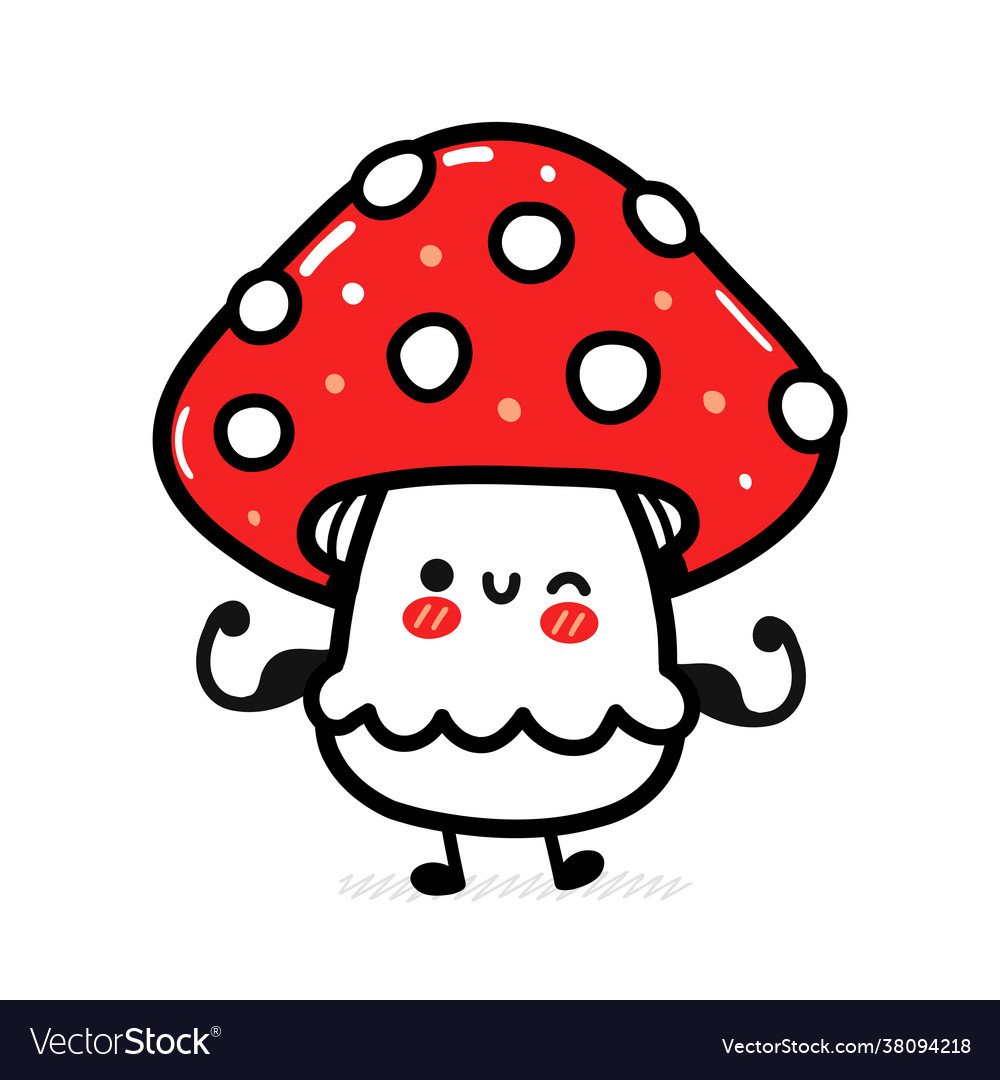 Cute funny happy amanita mushroom show muscle