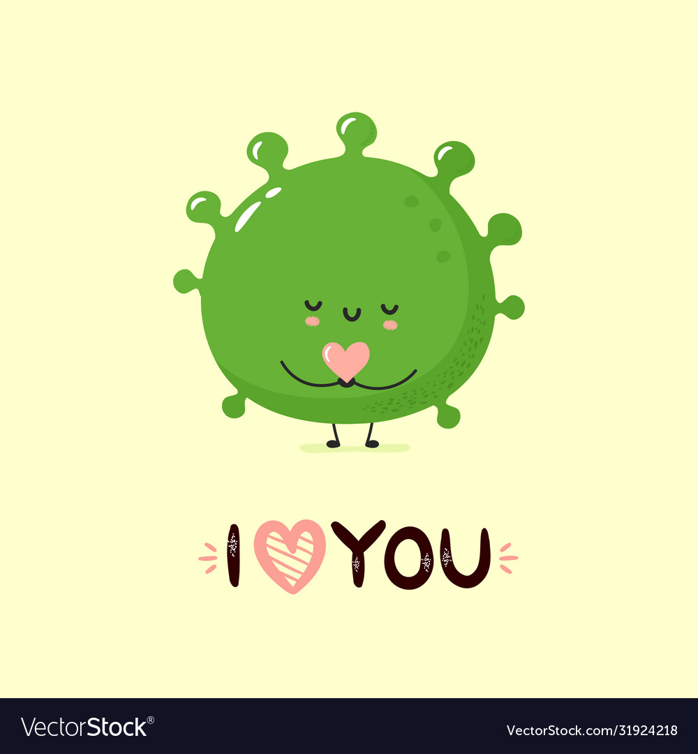 Cute smiling bacteria holding heart in hands