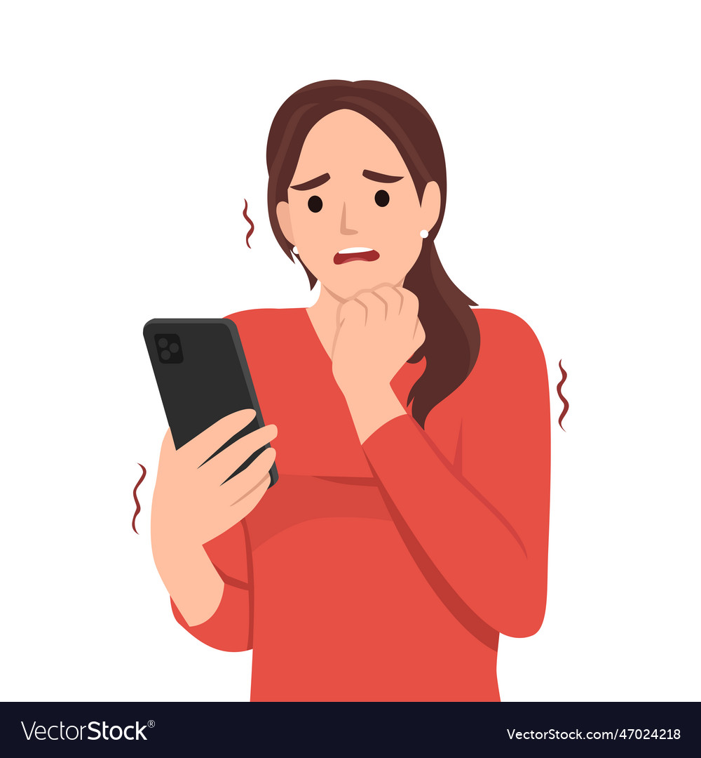 Frightened woman with phone biting nails in fear Vector Image