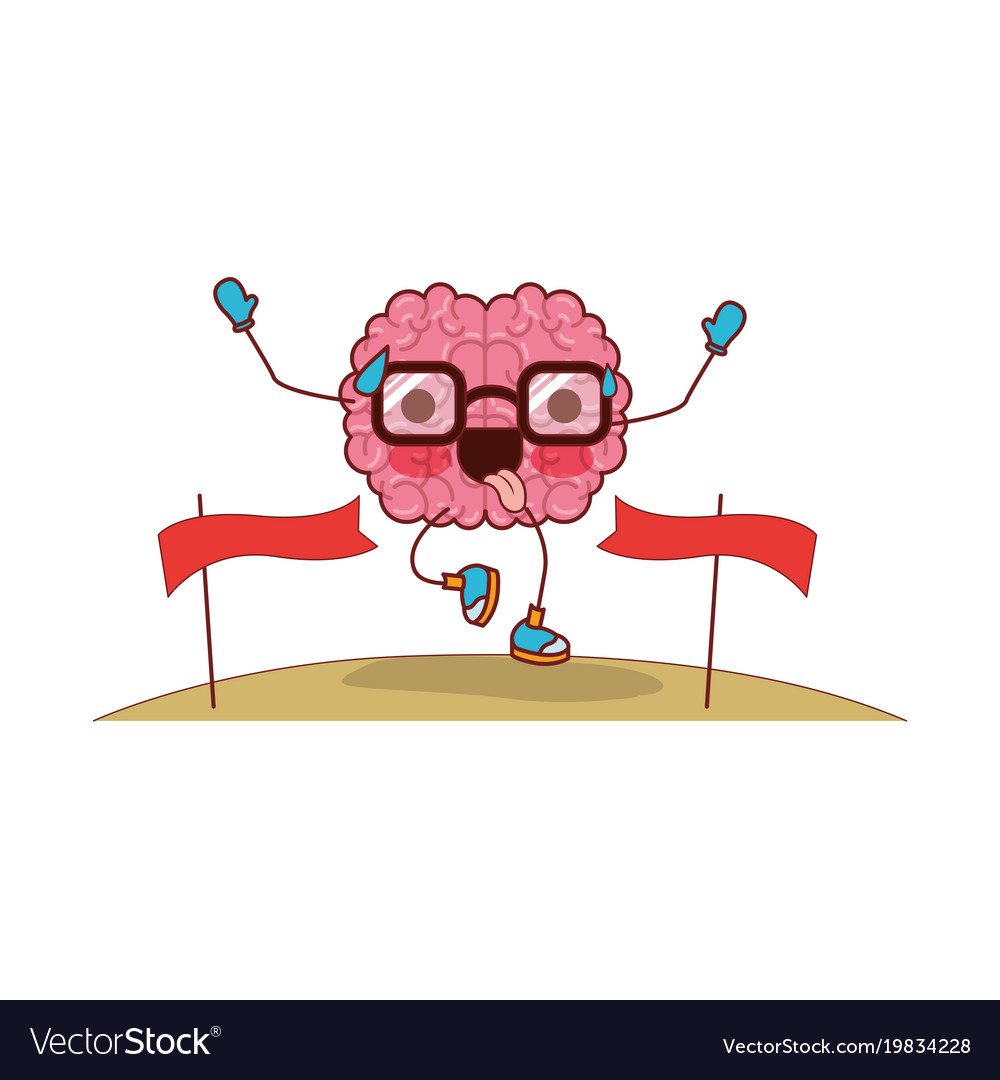 Brain cartoon with glasses running and passing