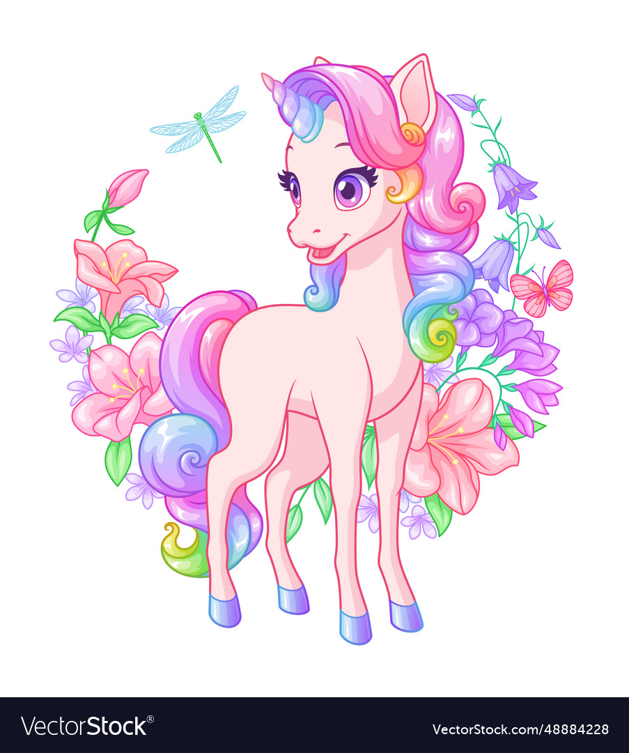 Cute pink baby unicorn surrounded with flowers Vector Image