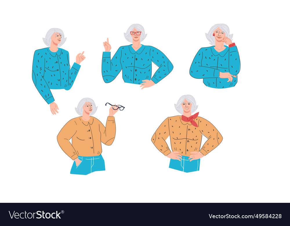 Elderly grey-haired woman character with various Vector Image