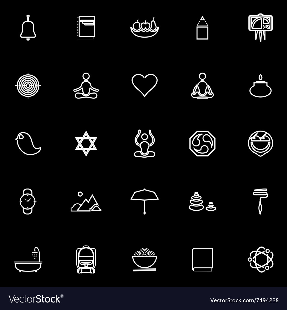 Zen society line icons on black background