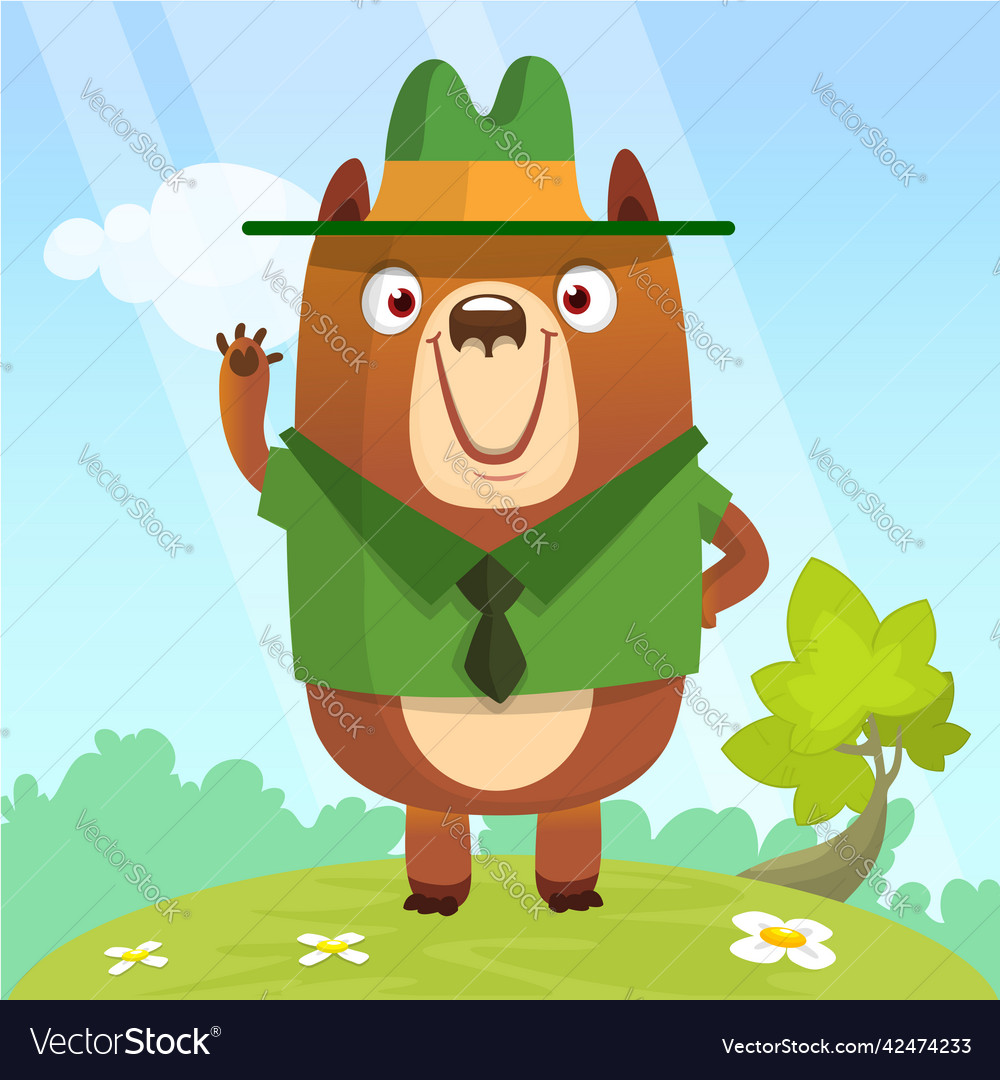 Cartoon funny bear scout ranger wearing green hat Vector Image