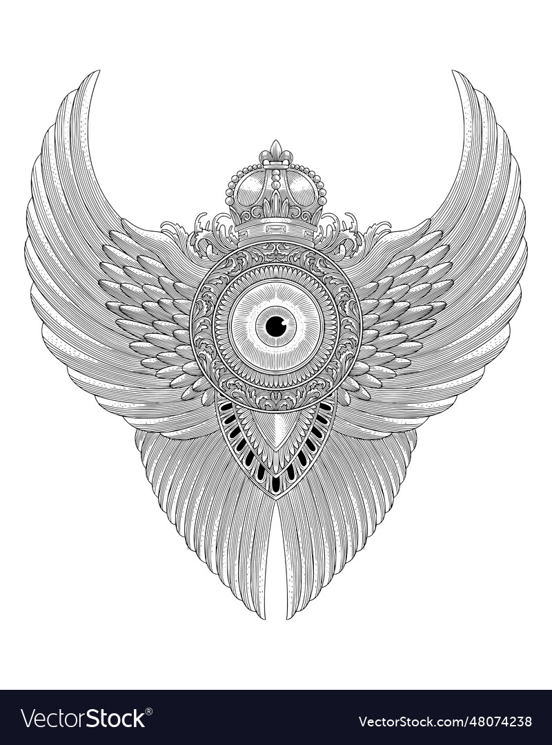 One Eye Angel With Wings Crown And Leaf Ornament Vector Image