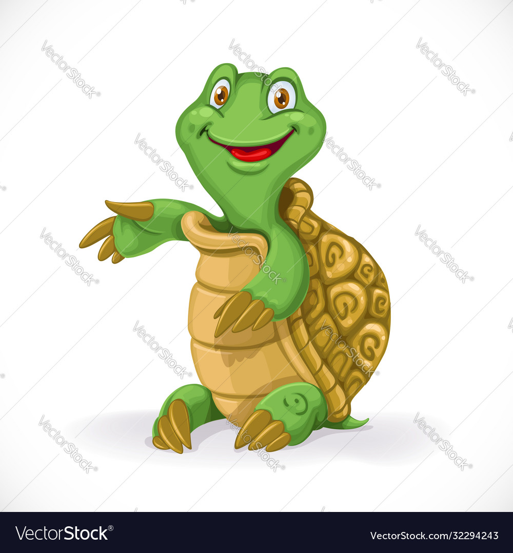 Cute cartoon baby turtle sit on floor isolated