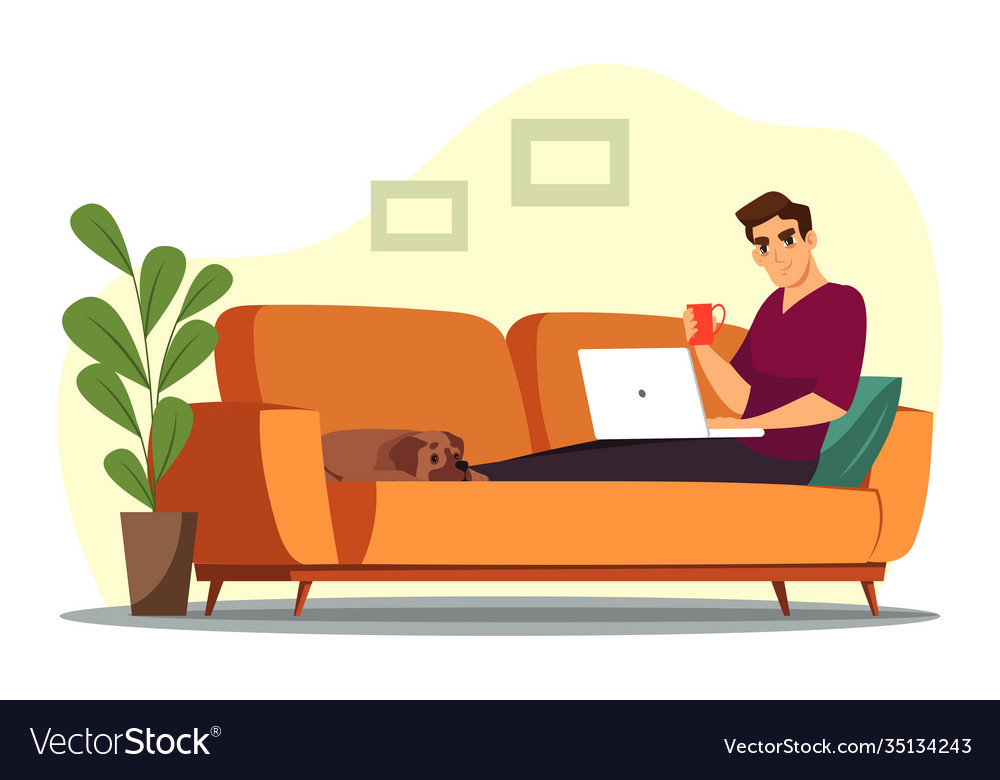 Man sits on sofa with laptop drinks coffee